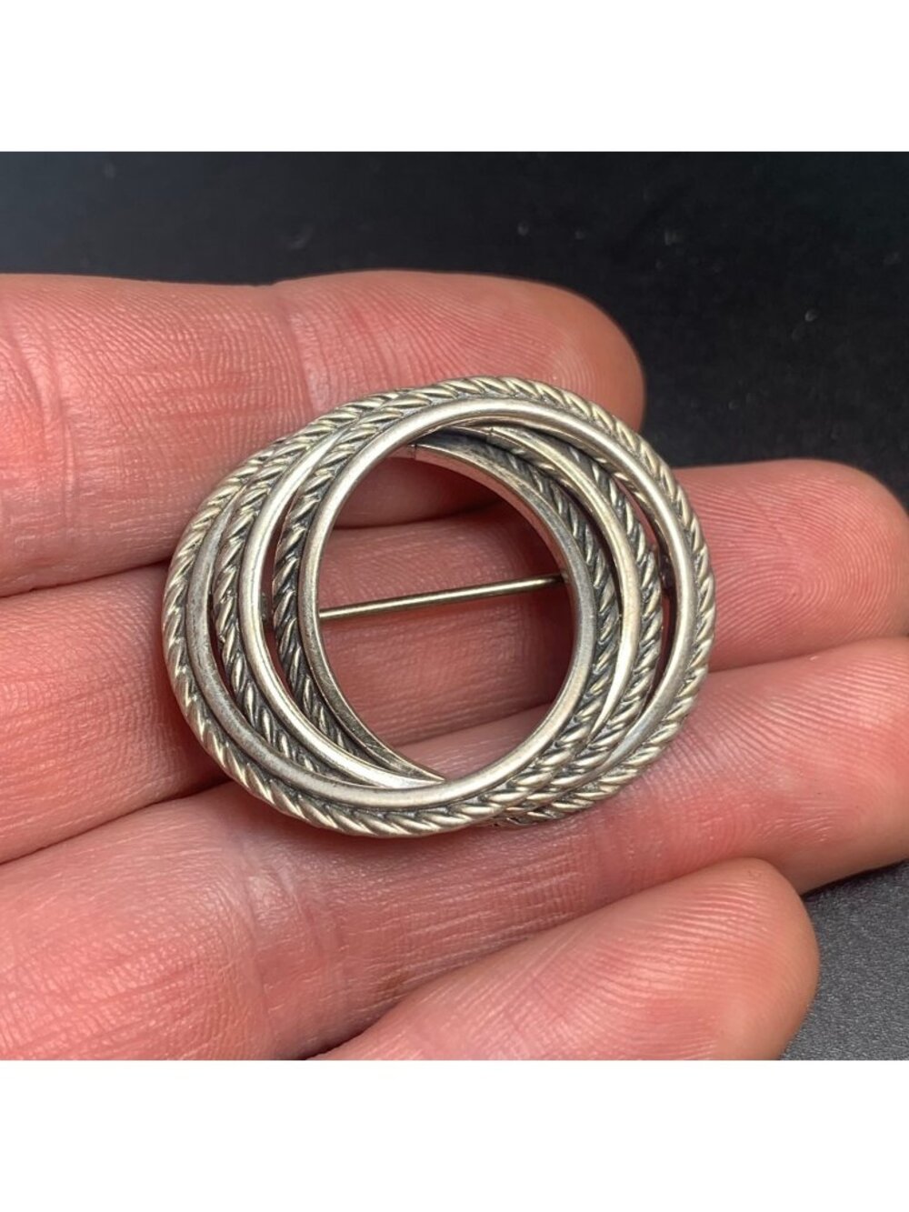 Vintage JewelArt Triple Circle Brooch Rope Design 925 Sterling Silver 1.5"
